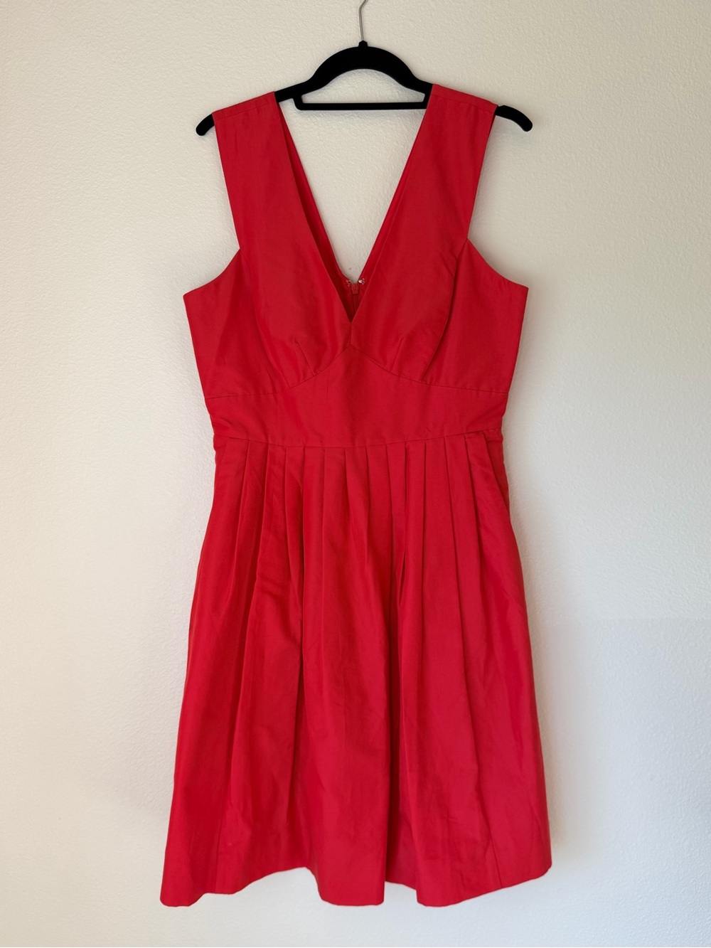 J. Crew Red V-Neck Pleated Dress, Size 8 Tall, Cotton Silk Blend
